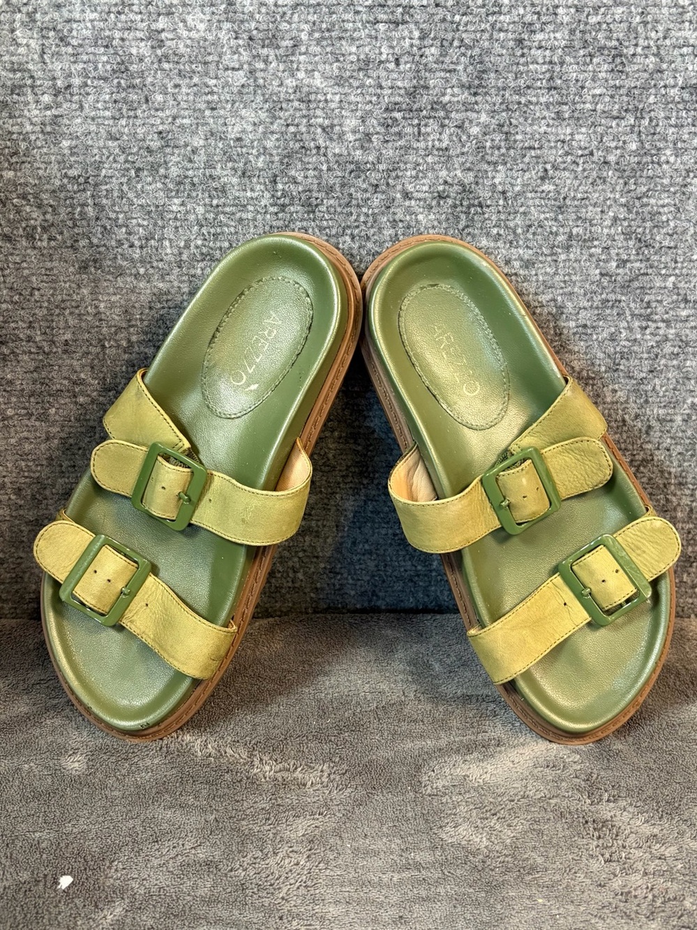 AREZZO‎ Slide Sandals Women 37 Olive Green Double Buckle Casual Comfort Brazil
